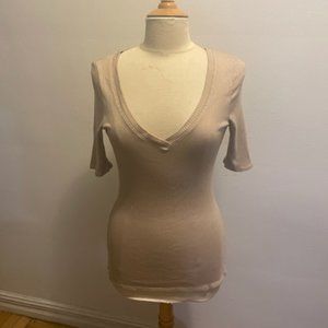 Azaleas NY tan stretch rib short sleeve deep V-neck top